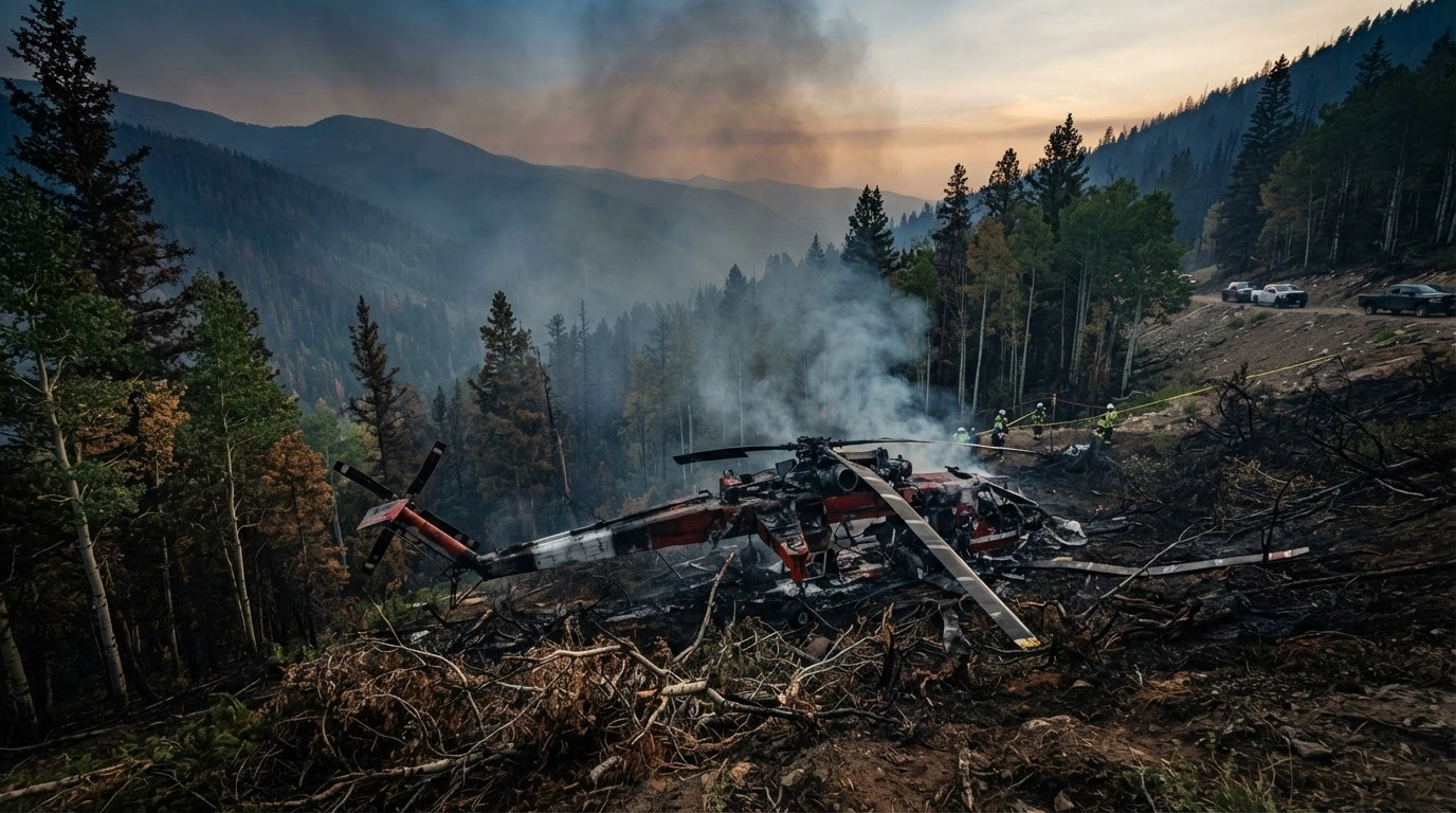 The wreckage of a Sikorsky S-64 Skycrane helicopter lies in the Fishlake National Forest after crashing during firefighting operations against the Silver King Fire.