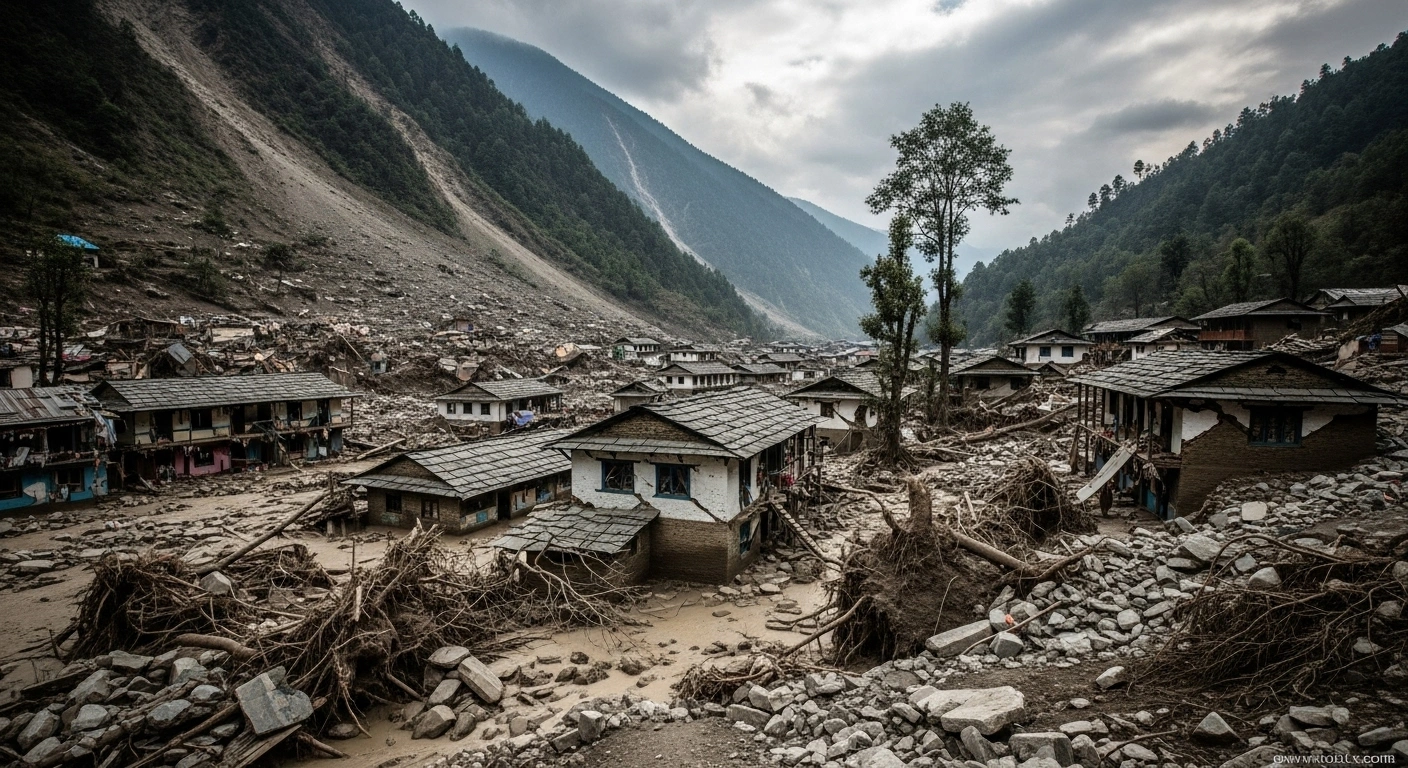 A wide, slightly elevated shot captures the aftermath of a devastating landslide in a remote Himalayan village, showing rain-soaked, muddy terrain with partially submerged and heavily damaged houses, amidst a chaotic mix of mud, rocks, and uprooted trees, reflecting the destruction caused by heavy rains and flash floods in Uttarakhand's Chamoli district.
