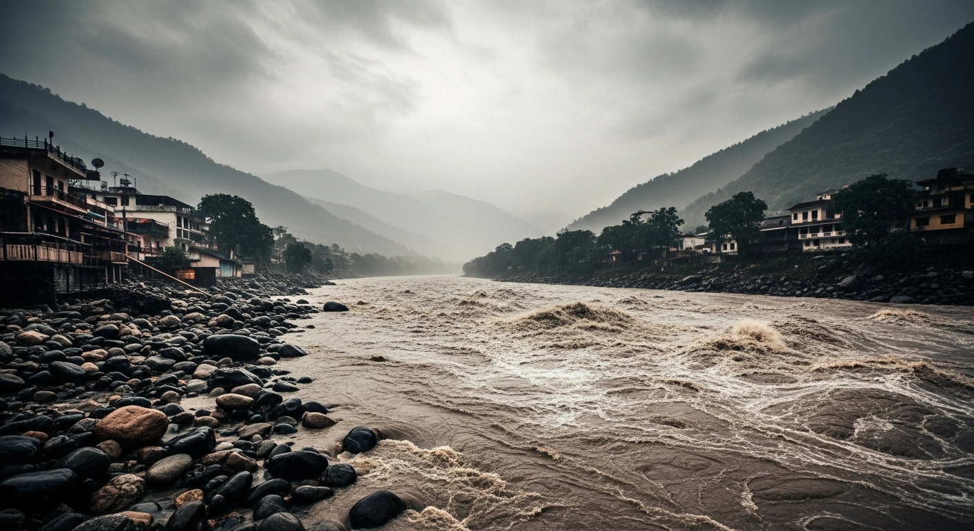 The Alaknanda River overflows its banks in Rudraprayag, Uttarakhand, due to heavy monsoon rainfall causing a flood emergency.