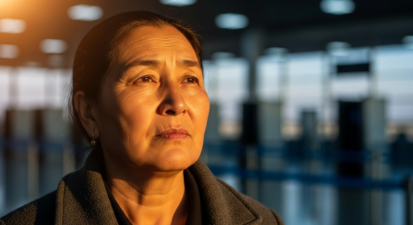 A 56-year-old Uyghur woman, Reziwanguli Baikeli, is depicted in a medium close-up, her face illuminated by warm sunlight, conveying a sense of relief after her mistaken deportation to China instead of Turkey, having now safely reached Turkey.