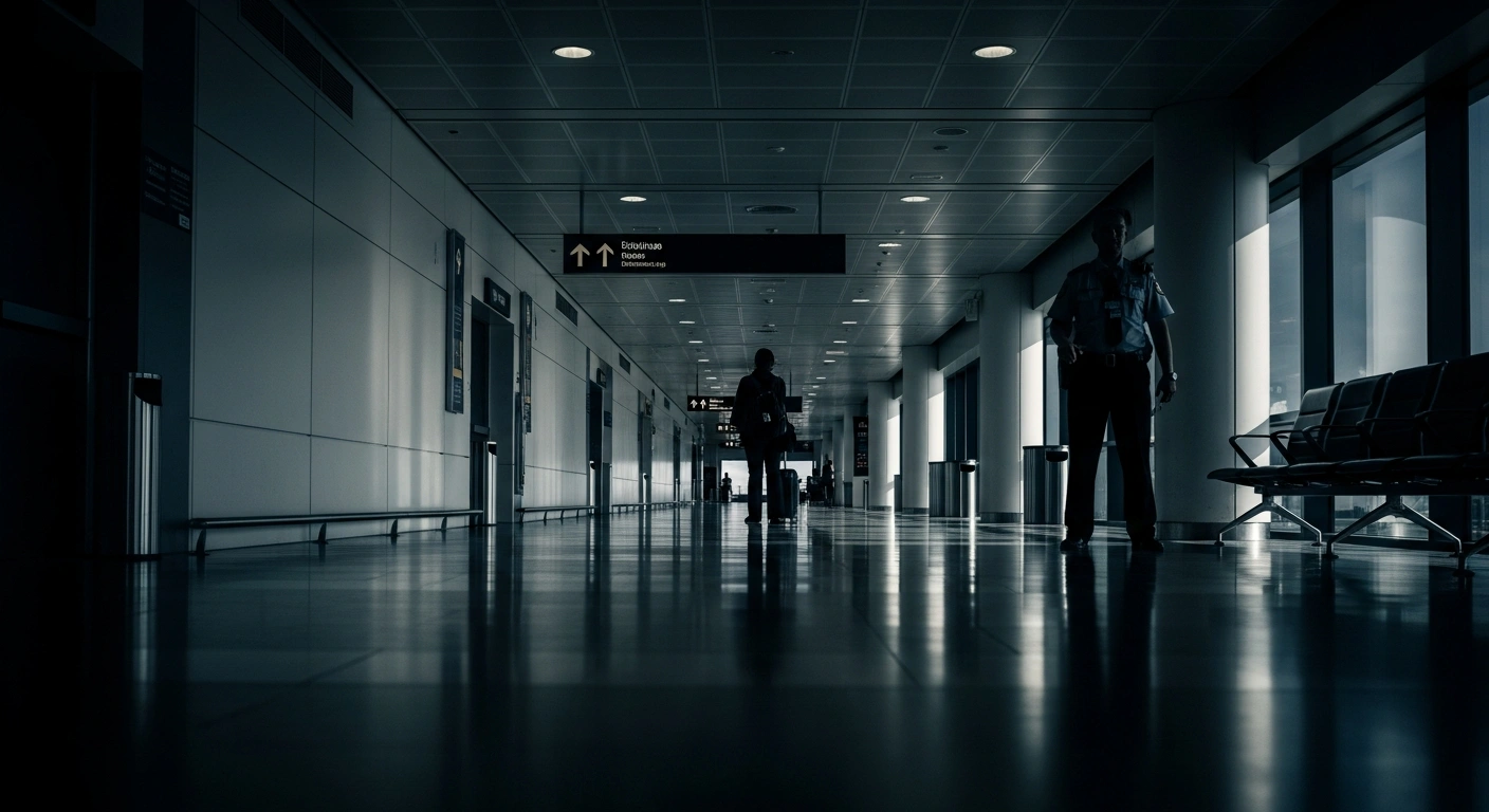 A citizen of Uzbekistan stands in a sterile airport terminal after being deported from Russia following a law enforcement raid.