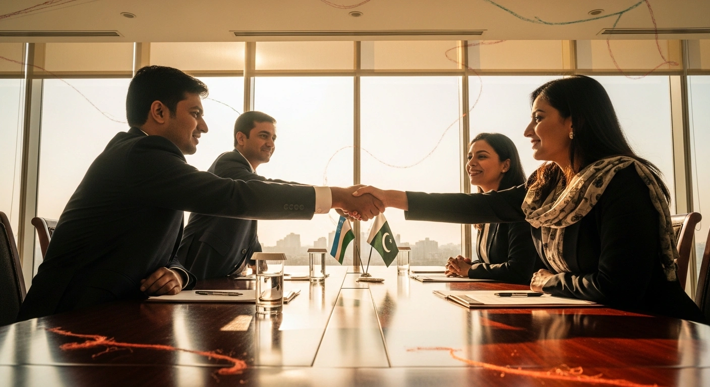 An Uzbek trade delegation and representatives from the All Pakistan Textile Mills Association (APTMA) shake hands in a modern conference room in Lahore, symbolizing their strategic partnership to expand bilateral textile trade from $114 million to an ambitious target of $2 billion.