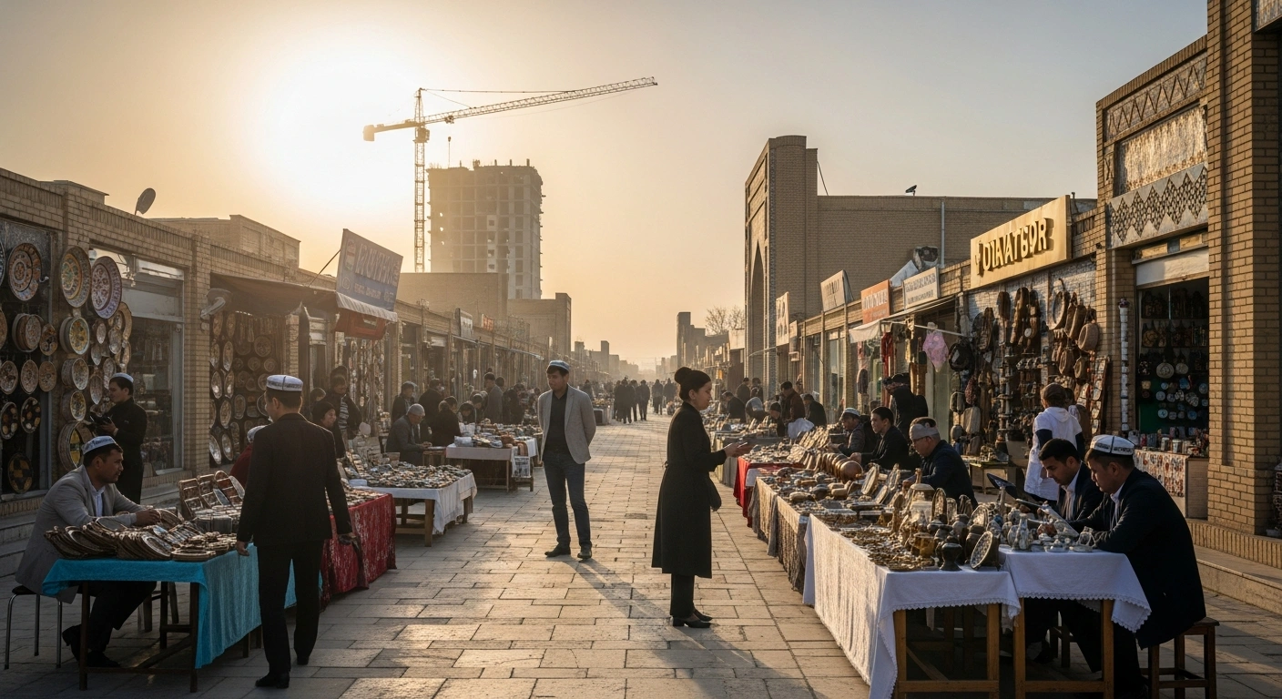A vibrant, sunlit Uzbek marketplace and modern business district buzzes with activity, depicting the economic growth and job creation spurred by Uzbekistan's $11.6 billion (140 trillion soums) program to support small and medium-sized enterprises with lower interest rates.