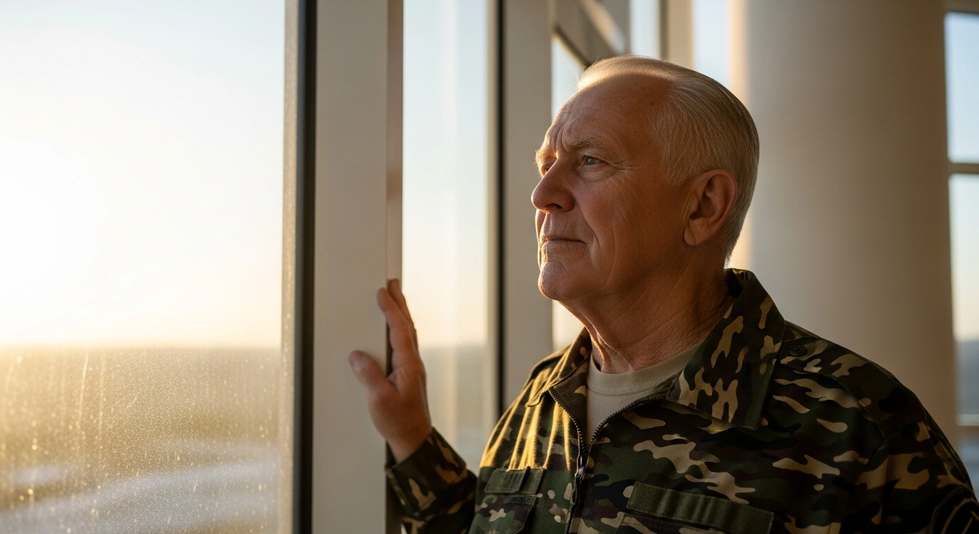 A dignified, older veteran stands bathed in warm golden sunlight, looking out a large window with a serene expression, representing the significant reduction in the Department of Veterans Affairs' compensation and pension benefits backlog.