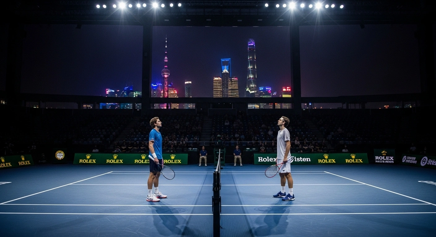 A wide, low-angle shot captures tennis players Valentin Vacherot and Arthur Rinderknech standing at the net on the Rolex Shanghai Masters center court, illuminated by stadium lights, with the blurred, glowing Shanghai skyline in the background, symbolizing their historic all-cousin final.