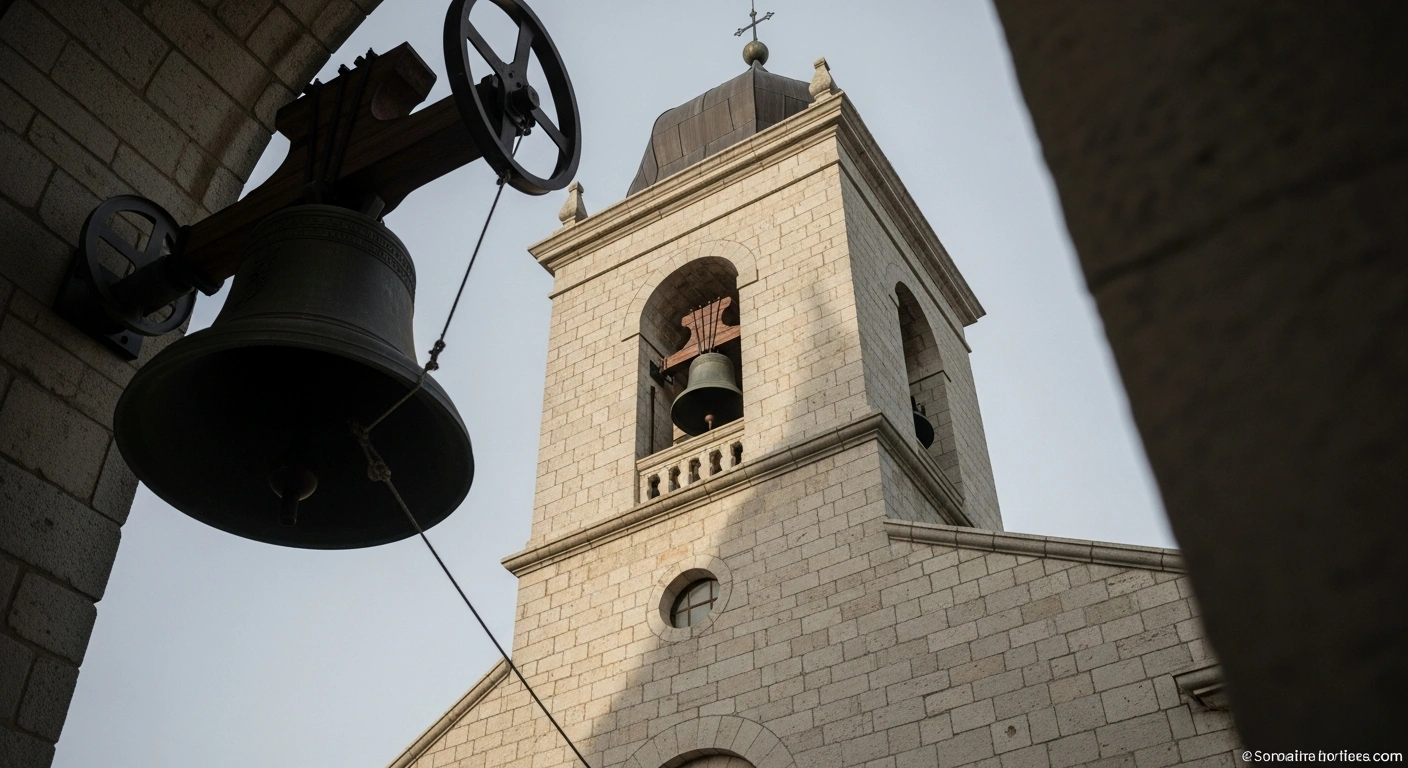 A majestic, ancient church bell tower, its bronze bell captured mid-swing on a somber winter morning, symbolizes the solemn ringing of bells and prayers offered in Vaduz, Liechtenstein, in solidarity with victims of the Crans-Montana fire during Switzerland's national day of mourning.