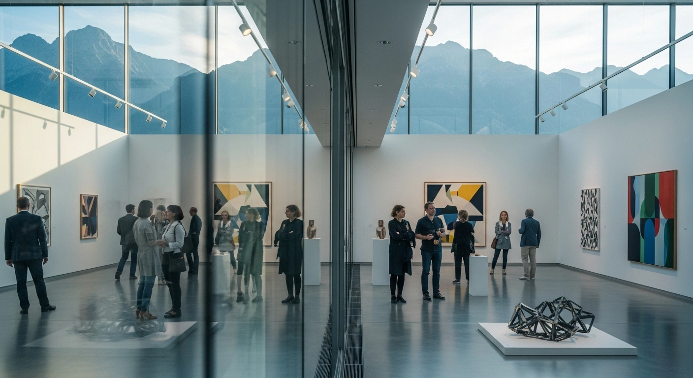 Visitors explore a contemporary art exhibition featuring modern works in a bright, minimalist gallery in Vaduz, Liechtenstein.