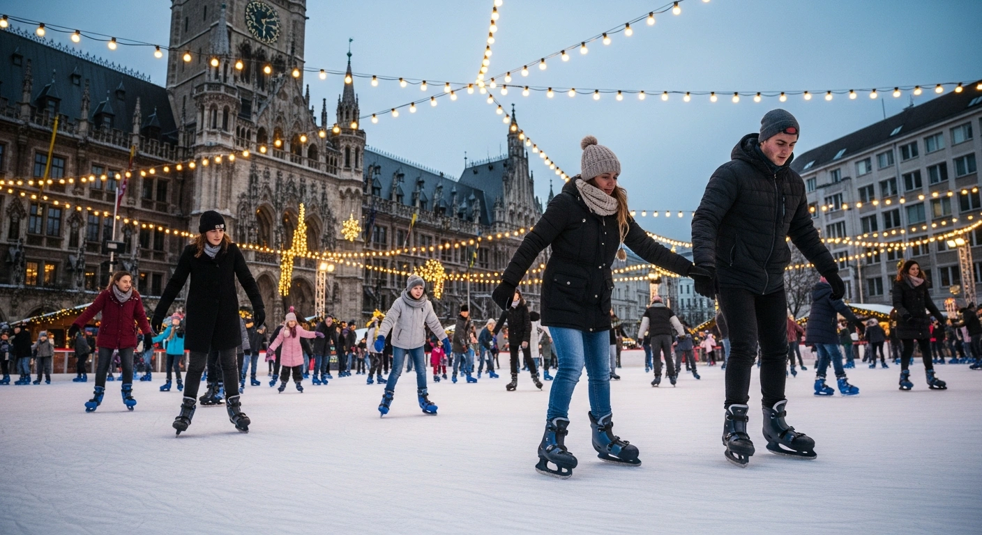 A vibrant low-angle view captures families and friends ice skating joyfully on the Vaduz on Ice rink at Rathausplatz in Liechtenstein, illuminated by warm string lights during a festive winter evening.
