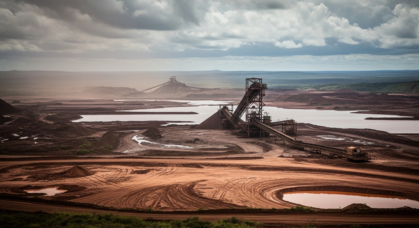 A wide, low-angle cinematic shot captures a vast, desolate landscape in Minas Gerais, Brazil, scarred by reddish-brown tailings ponds and a distant mining operation under an overcast sky, symbolizing the environmental impact of leakage incidents at Vale S.A.'s Fábrica and Viga mines and the R$1.2 billion asset freeze requested by Brazilian Federal Prosecutors.