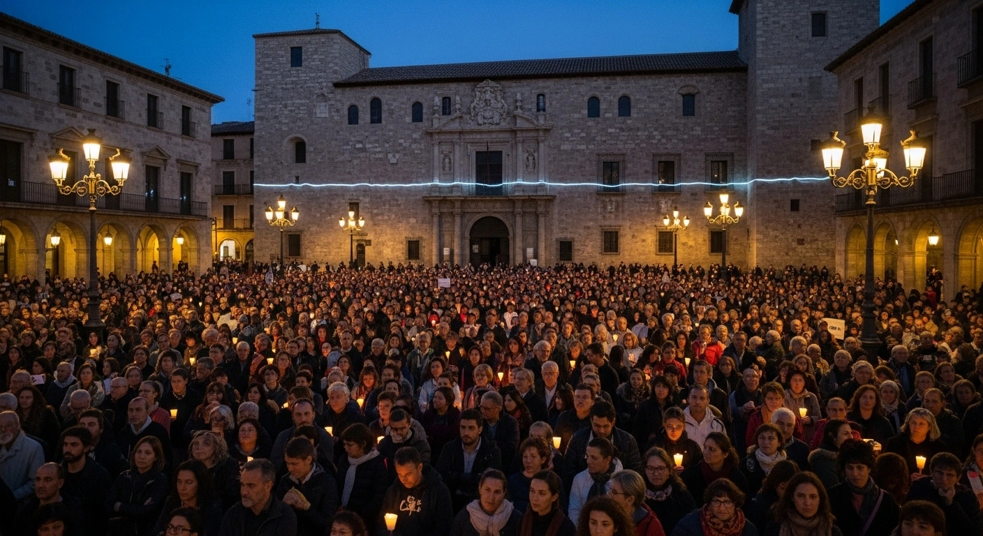 Tens of thousands of protestors gather in a historic Valencia plaza at twilight, holding candles and showing unified resolve, on the first anniversary of the deadly October 2024 floods that killed 229 people, demanding the resignation of regional president Carlos Mazón.