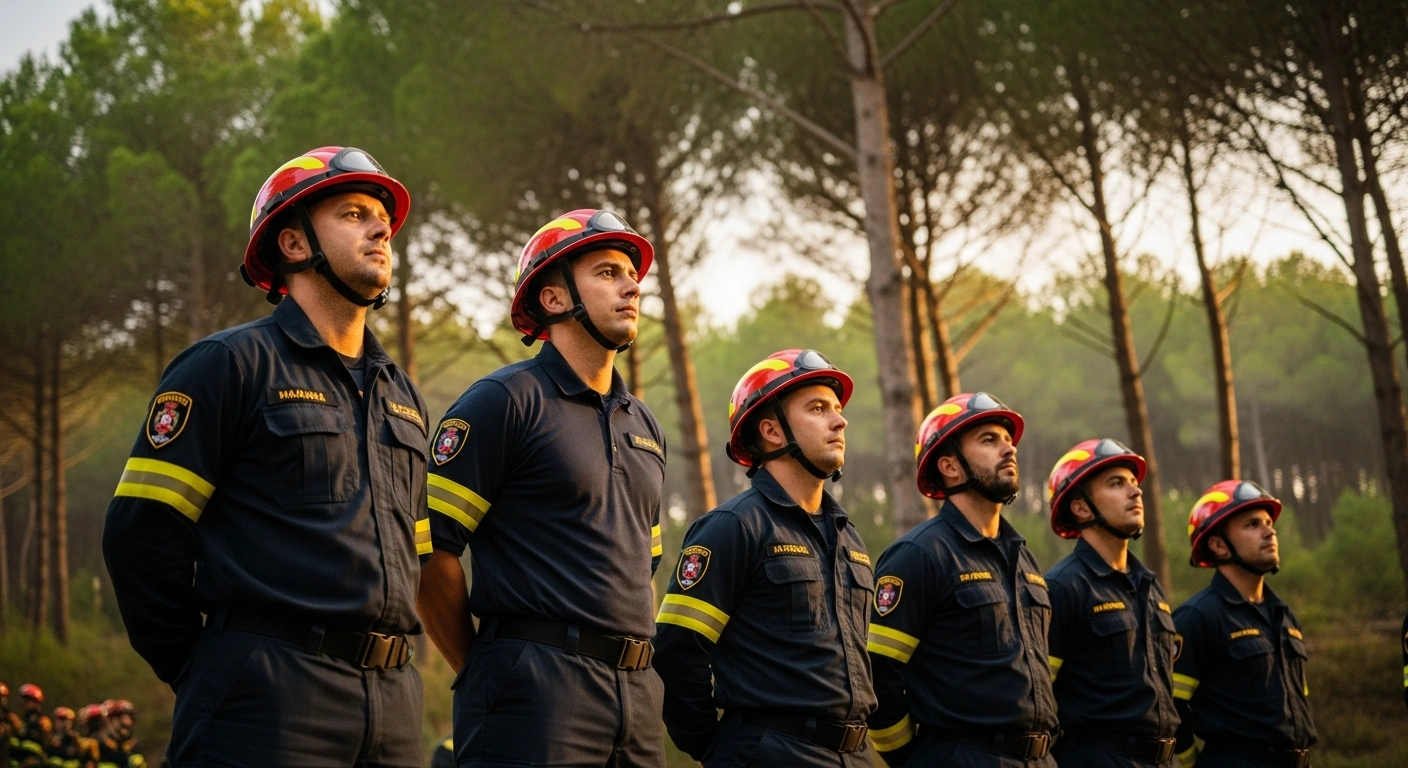 A group of professional forest firefighters stands in a forest after the Diputació de Valencia signed new labor agreements to improve their working conditions.
