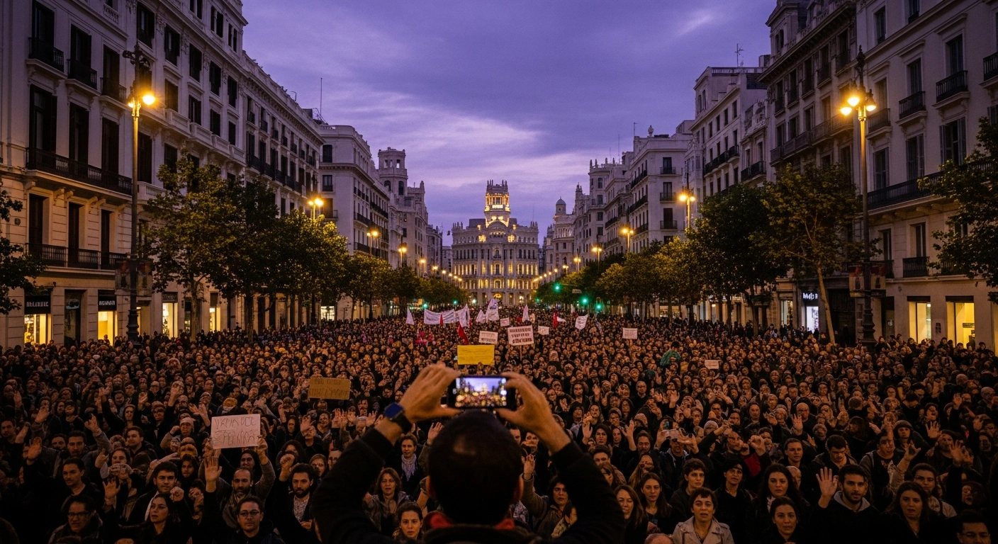 A wide, slightly elevated view shows thousands of protestors filling a grand boulevard in downtown Valencia at dusk, raising their hands in a unified demonstration against former regional president Carlos Mazón's handling of catastrophic floods.