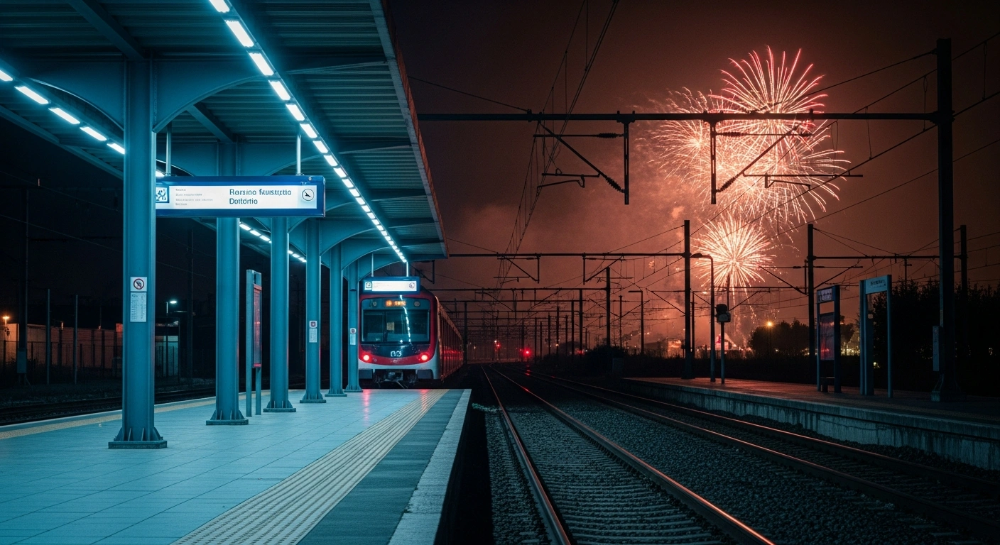 A deserted commuter train sits at a station in Valencia during the Fallas festival as railway workers continue their industrial strike.