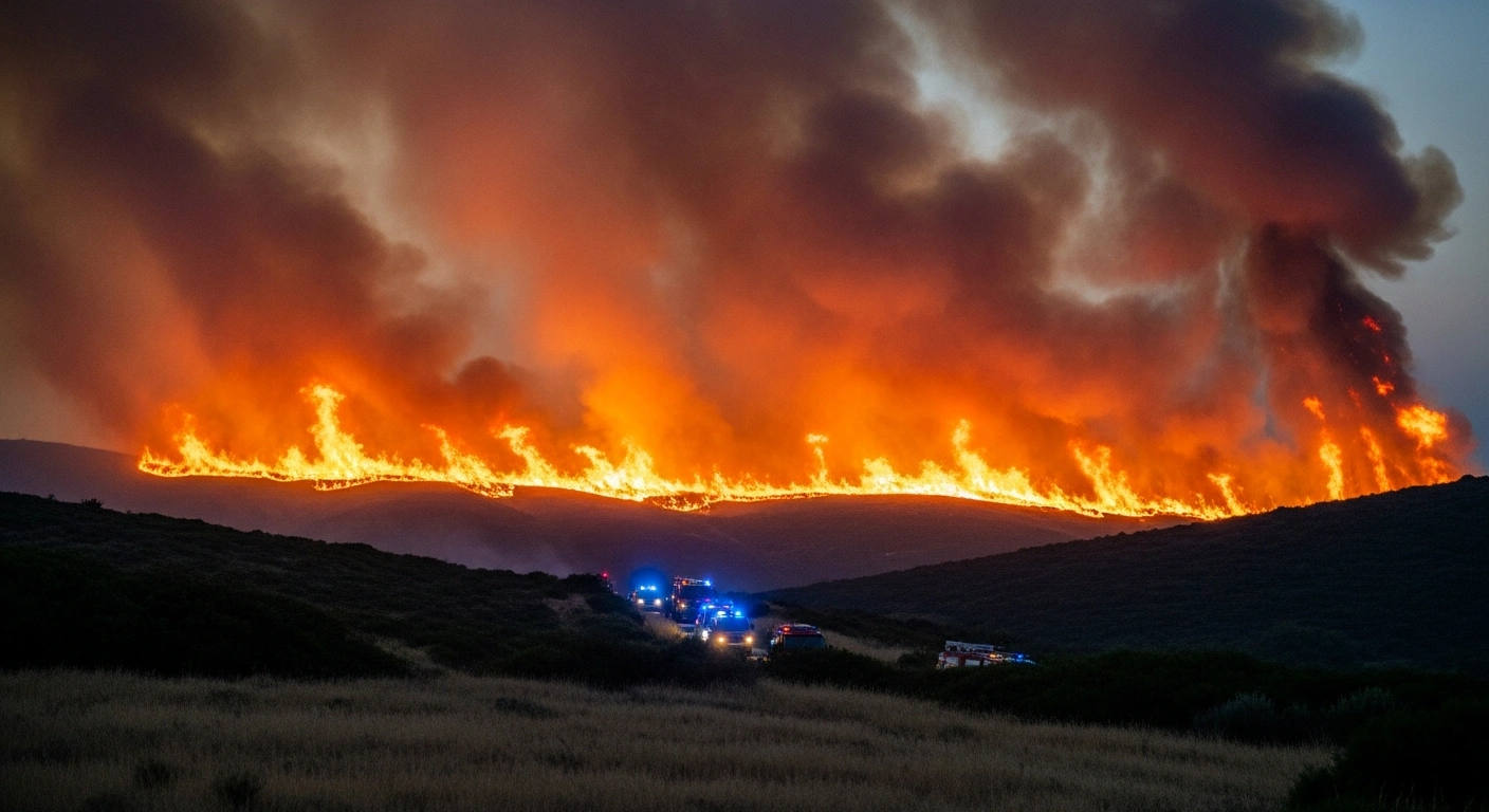 Emergency vehicles and firefighters work to contain a massive wildfire threatening communities near Valencia, Spain, as thousands of residents evacuate.