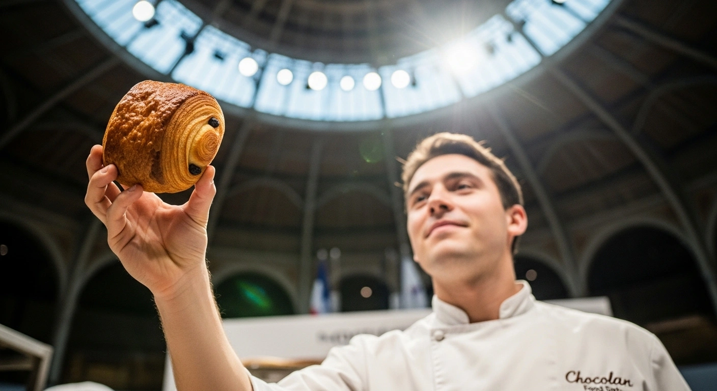 Valentin Feiller from Pays de la Loire triumphantly holds a golden, flaky pain au chocolat, celebrating his win at the National Master of the Best Pain au Chocolat competition held at the Salon du Chocolat in Paris.