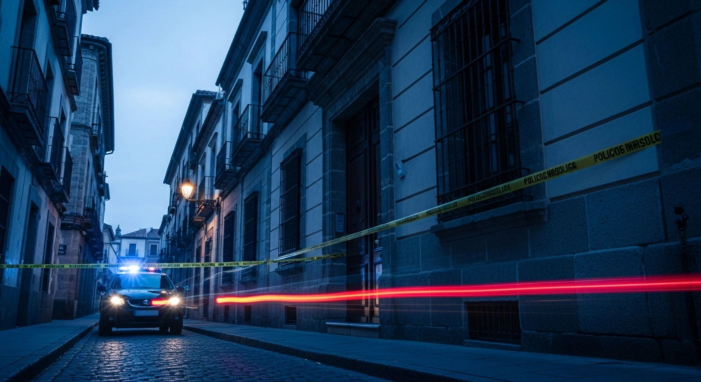 Police tape surrounds a residential building in Valladolid, Spain, where authorities are investigating a violent robbery that resulted in the death of an elderly woman.