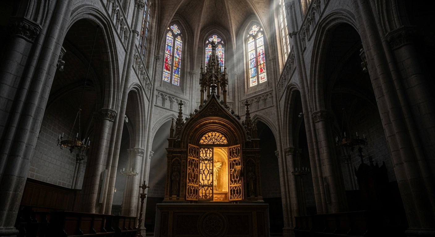 A dimly lit, ornate tabernacle with its golden doors forced open stands on an altar inside the Holy Thorn Monastery church in Valladolid, Spain, depicting the aftermath of the Blessed Sacrament theft.