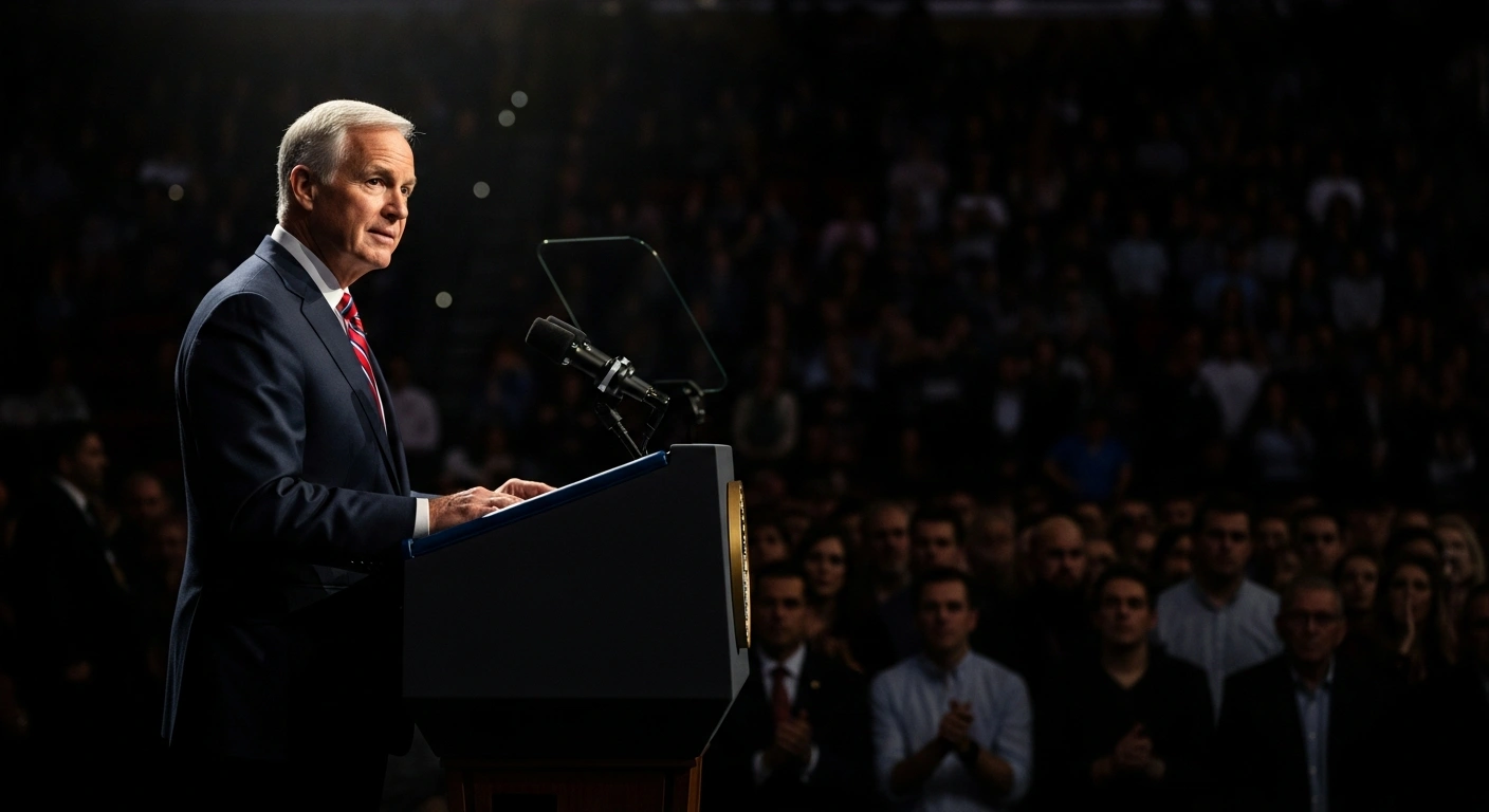 Vice President JD Vance stands at a grand podium, illuminated by a stark stage light, delivering a closing address at Turning Point USA's AmericaFest in Phoenix, Arizona, on December 21, 2025, with a diverse, indistinct crowd visible in the dimly lit background.