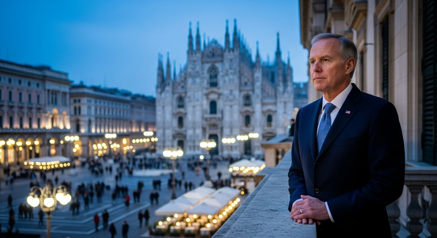 U.S. Vice President JD Vance stands on a grand, polished stone balcony overlooking a Milanese piazza at dusk, with the illuminated spires of the Duomo in the background, representing his diplomatic visit to lead the American delegation for the 2026 Winter Olympics.