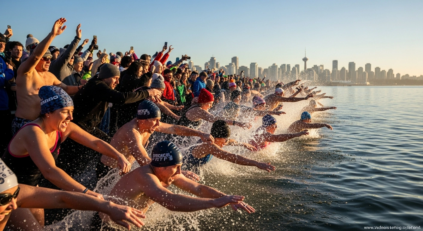 Thousands of participants are shown plunging into the cold waters of English Bay on New Year's Day during Vancouver's 106th annual Polar Bear Swim.