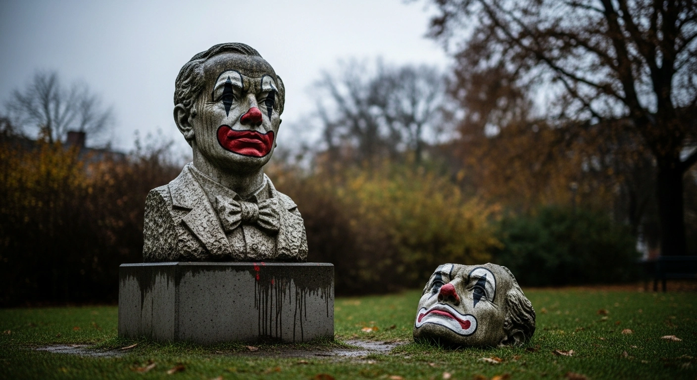 A decapitated bust of Vladimir Putin painted with clown makeup lies in a public park in Aarhus, Denmark, after being vandalized.