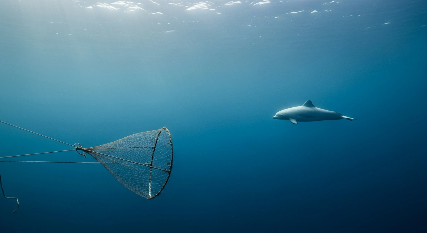 An underwater scene in the Upper Gulf of California shows a solitary, critically endangered vaquita porpoise swimming near a partially obscured gillnet, symbolizing the threat to its shrinking protected habitat.