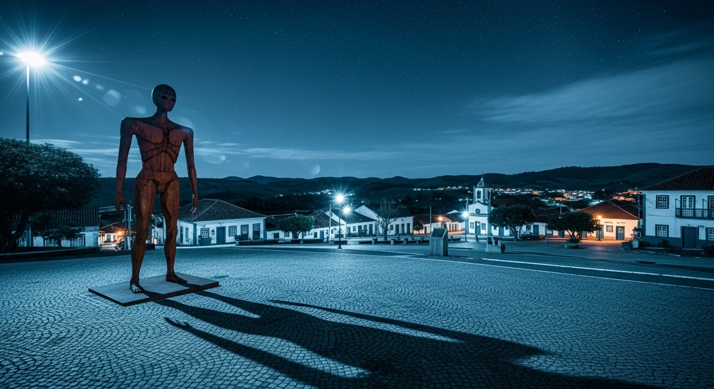 A mysterious statue representing the Varginha Incident stands in a town square in Brazil to mark the thirtieth anniversary of the alleged extraterrestrial encounter.