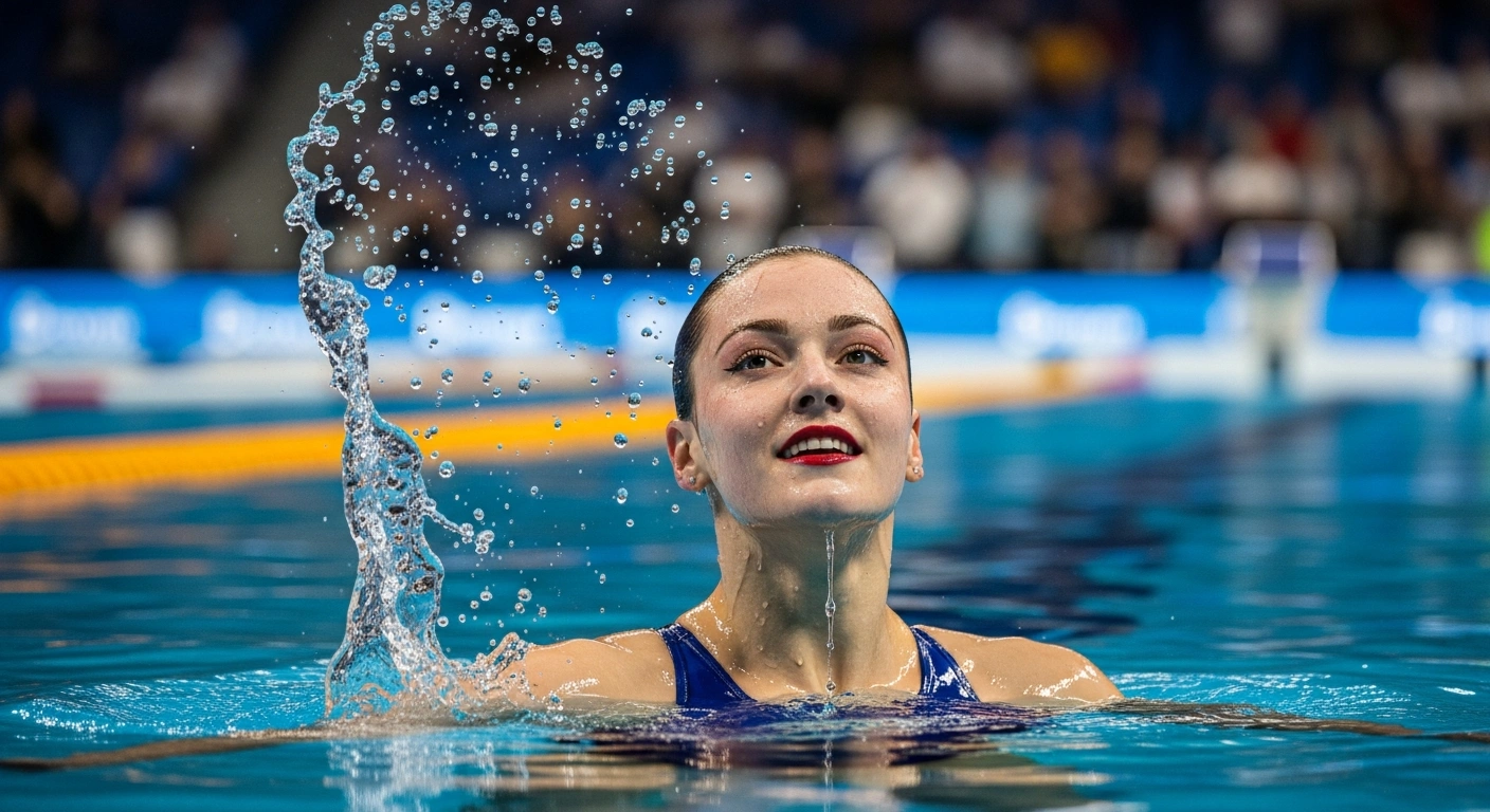 A close-up, low-angle shot shows Belarusian artistic swimmer Vasilina Khandoshka emerging gracefully from the water with a triumphant expression, reflecting her bronze medal win in the Women Solo Free event at the World Aquatics Artistic Swimming World Cup in Medellin, Colombia.
