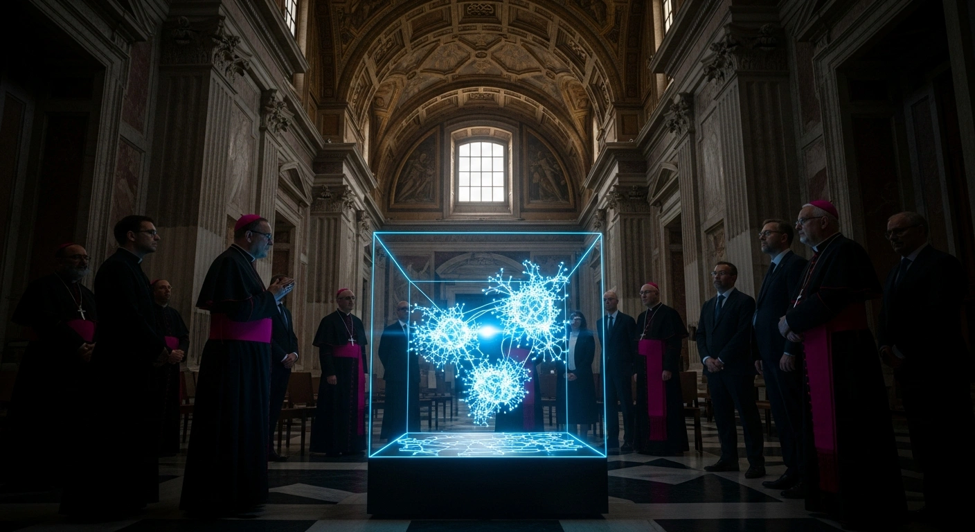 A holographic projection of interconnected neural networks, symbolizing artificial intelligence, is displayed in a grand Vatican hall, surrounded by experts discussing its ethical implications and the need for human-centered development, reflecting the Vatican's seminar on AI.