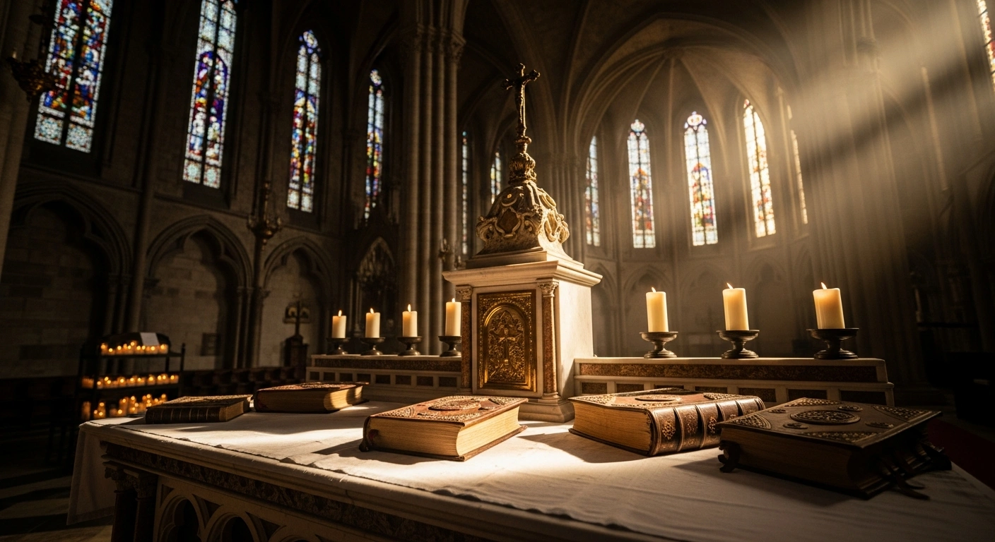 A sunlit altar inside a Catholic basilica displays liturgical books representing the newly approved memorial for St. Arethas and his companions.