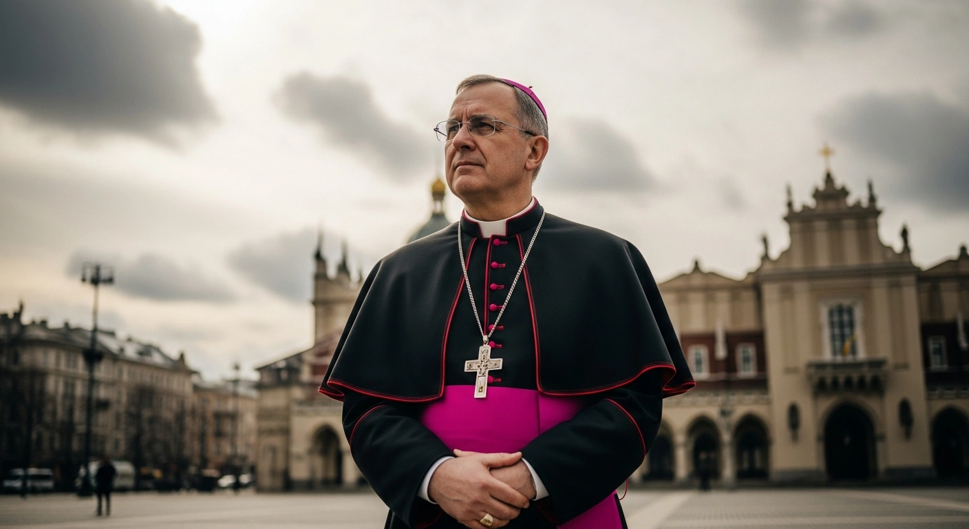 Archbishop Paul Richard Gallagher stands in a Ukrainian city square to represent the Vatican's commitment to peace and solidarity during his diplomatic visit.
