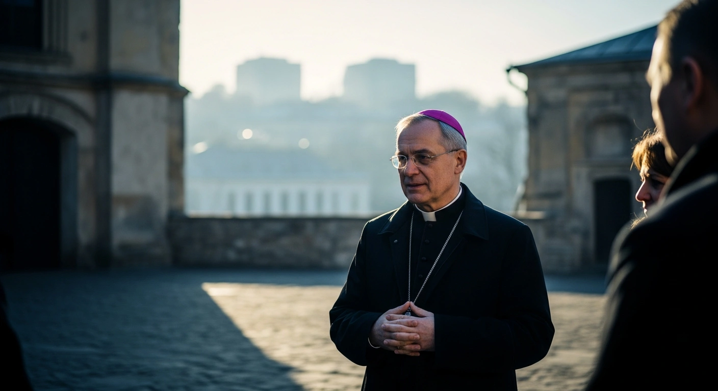 Archbishop Paul Richard Gallagher meets with Ukrainian officials and religious leaders in a courtyard to express the Vatican's solidarity and commitment to peace.
