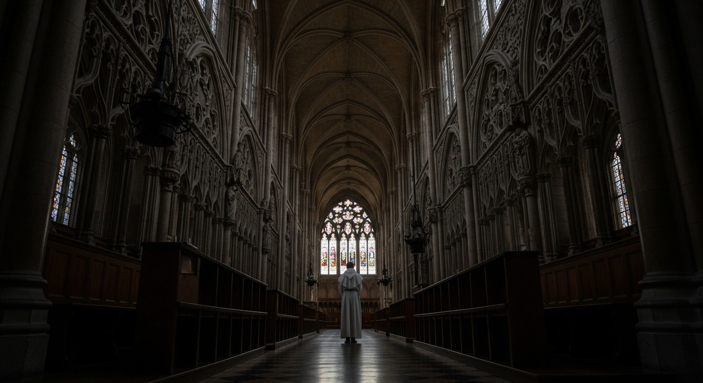 A lone, robed figure stands silhouetted against a distant stained-glass window in a dimly lit, ornate ecclesiastical corridor, reflecting the solemnity of the Vatican's confirmation regarding Bishop Jean-Paul Gusching's resignation from Verdun, France, due to inappropriate relationships and an ongoing investigation.