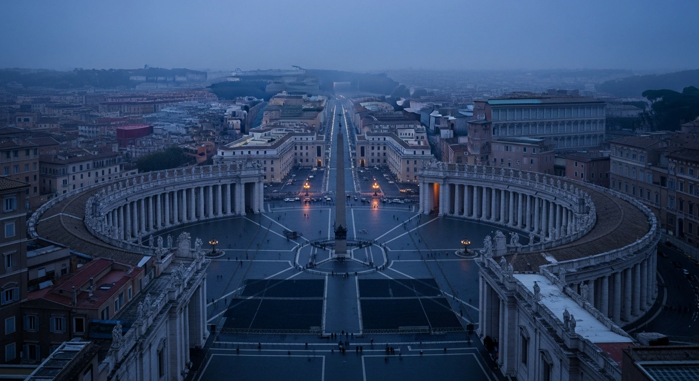 The Vatican City skyline at dusk represents the seat of the Catholic Church, currently led by Pope Francis, to clarify that no visit by a non-existent Pope Leo XIV is scheduled.