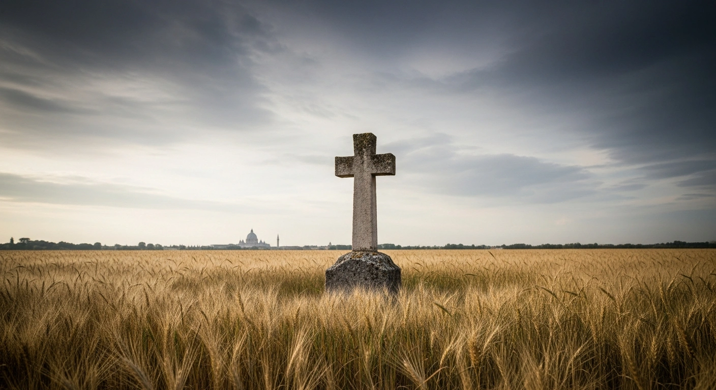 A stone cross stands in a golden field in Ukraine as Vatican officials consider a potential papal visit to support peace efforts.