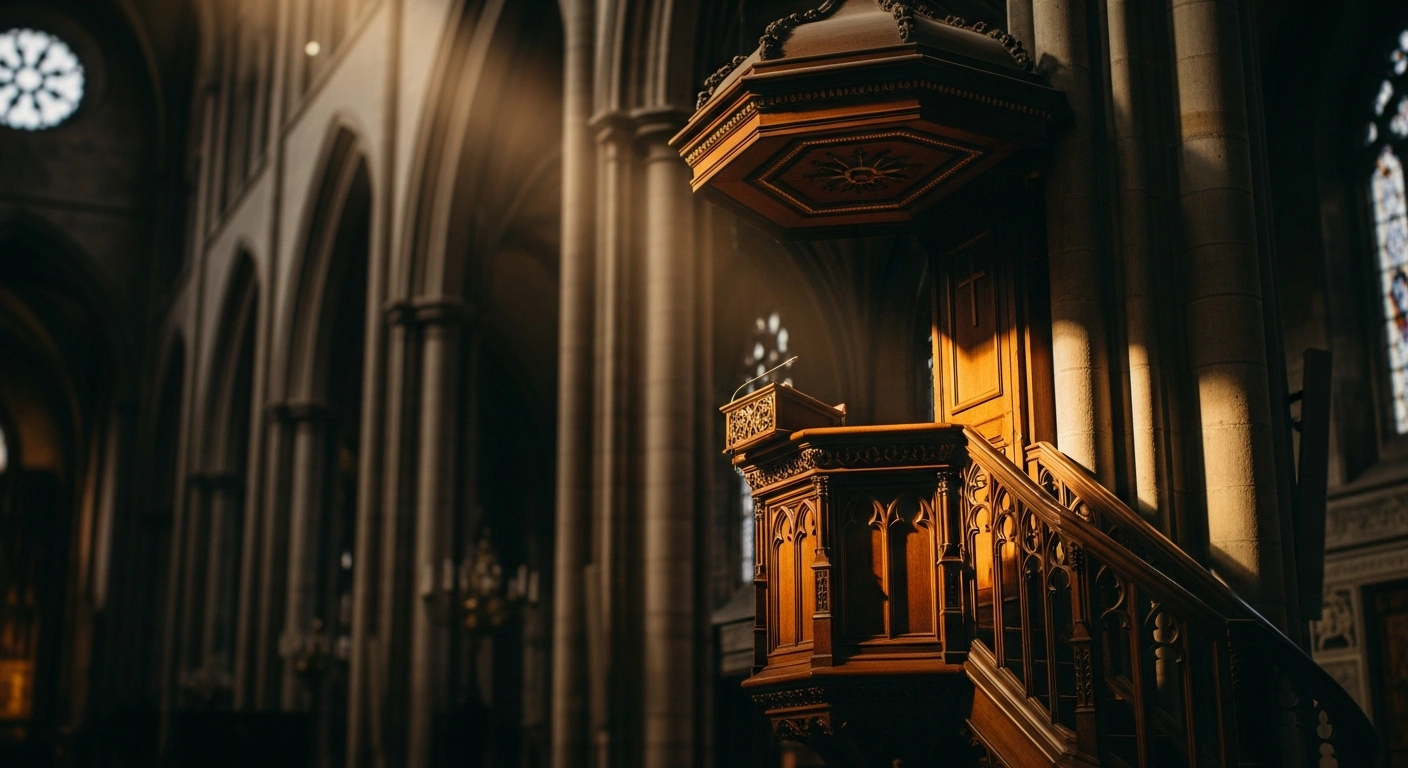 An empty wooden pulpit stands in a grand, dimly lit cathedral, representing the Vatican's decision to reserve homilies for ordained clergy.