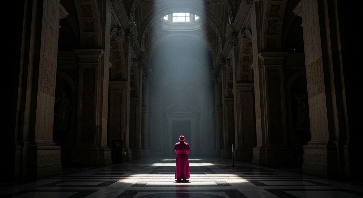 A robed Vatican official stands contemplatively in a long, dimly lit corridor within a historic Vatican building, with a single shaft of light illuminating part of the scene, symbolizing the recusal of Vatican Promoter of Justice Alessandro Diddi from the London property trial and the shift in legal focus.