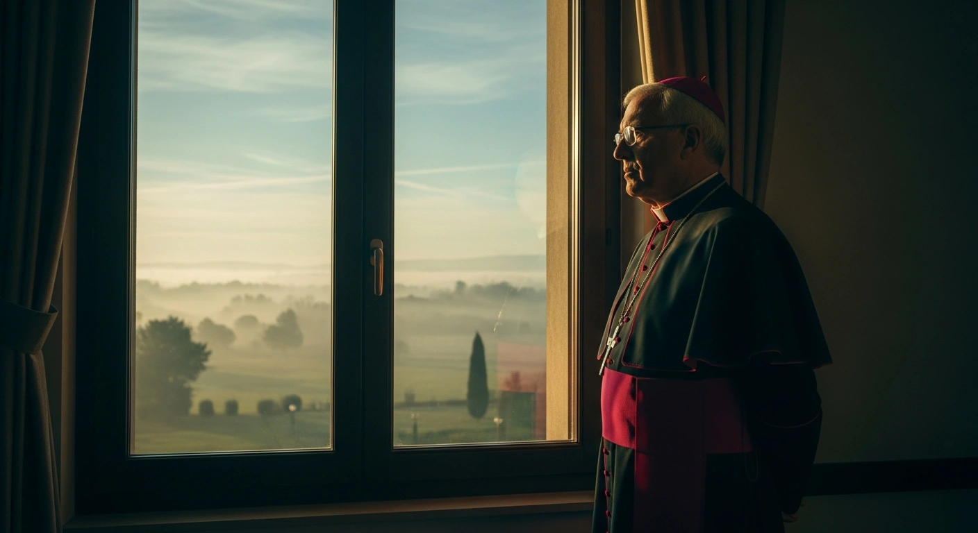 A Vatican official stands by a window contemplating a potential papal visit to Ukraine amidst the ongoing conflict.