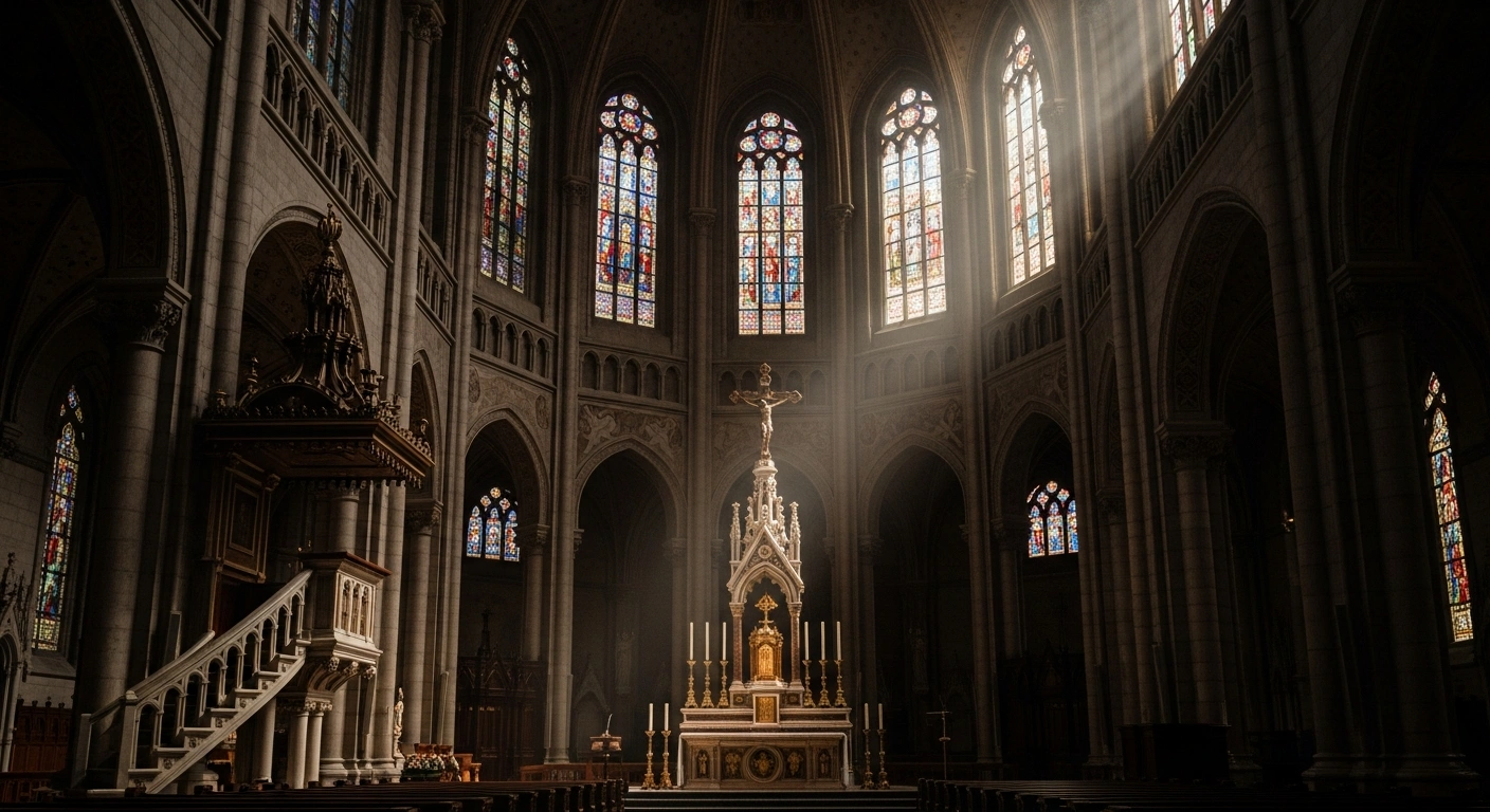 The interior of a grand Vatican basilica is illuminated by soft light, representing the Holy See's ongoing commitment to liturgical reforms and restrictions on the Latin Mass.