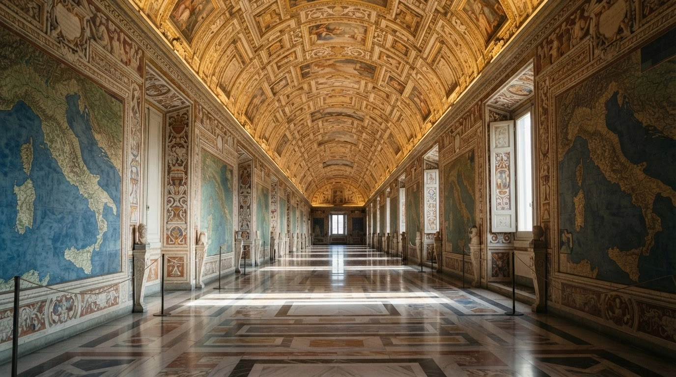 The empty Gallery of Maps in the Vatican Museums stands silent, illustrating the factual inaccuracy of reports regarding a non-existent papal meeting.