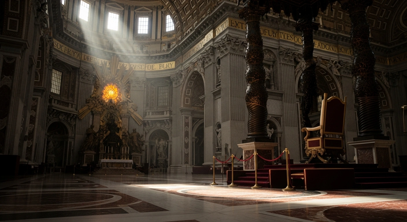 The interior of St. Peter's Basilica is shown with a vacant papal chair, illustrating the importance of verifying official Vatican communications regarding the current Pope.