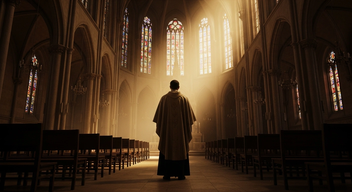 A solitary priest stands in a quiet, dimly lit cathedral reflecting on his ministry as part of the Vatican's prayer intention for clergy support.