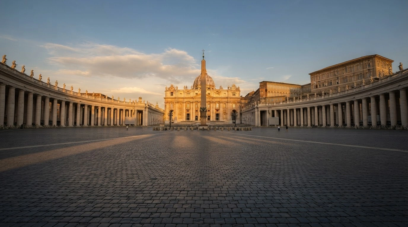 The empty St. Peter's Square at the Vatican during the golden hour, highlighting the architectural silence of a location where no Pope Leo XIV event took place.