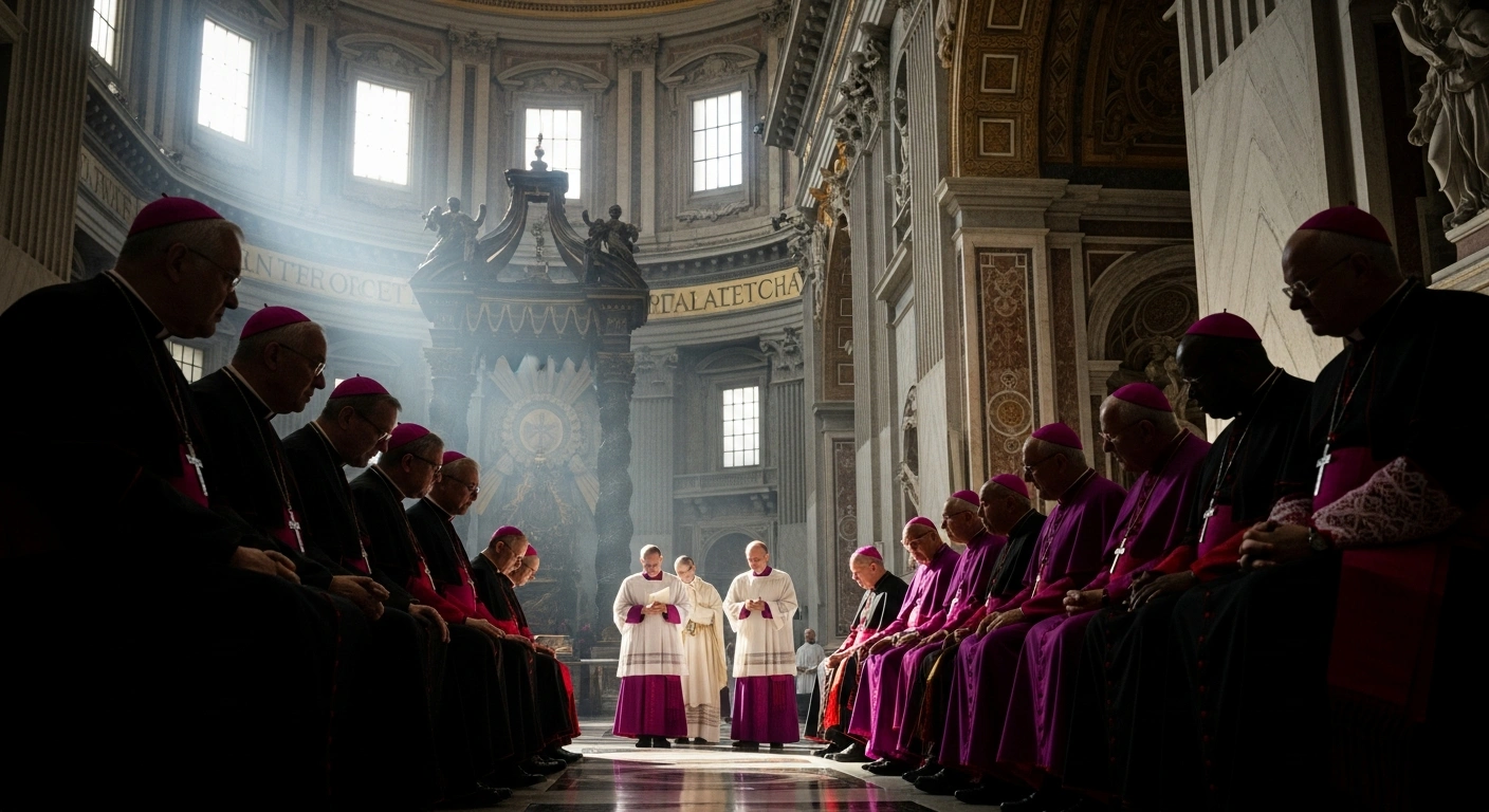 A group of Catholic bishops gathers inside the Vatican for a synod to discuss modern family challenges and pastoral care.