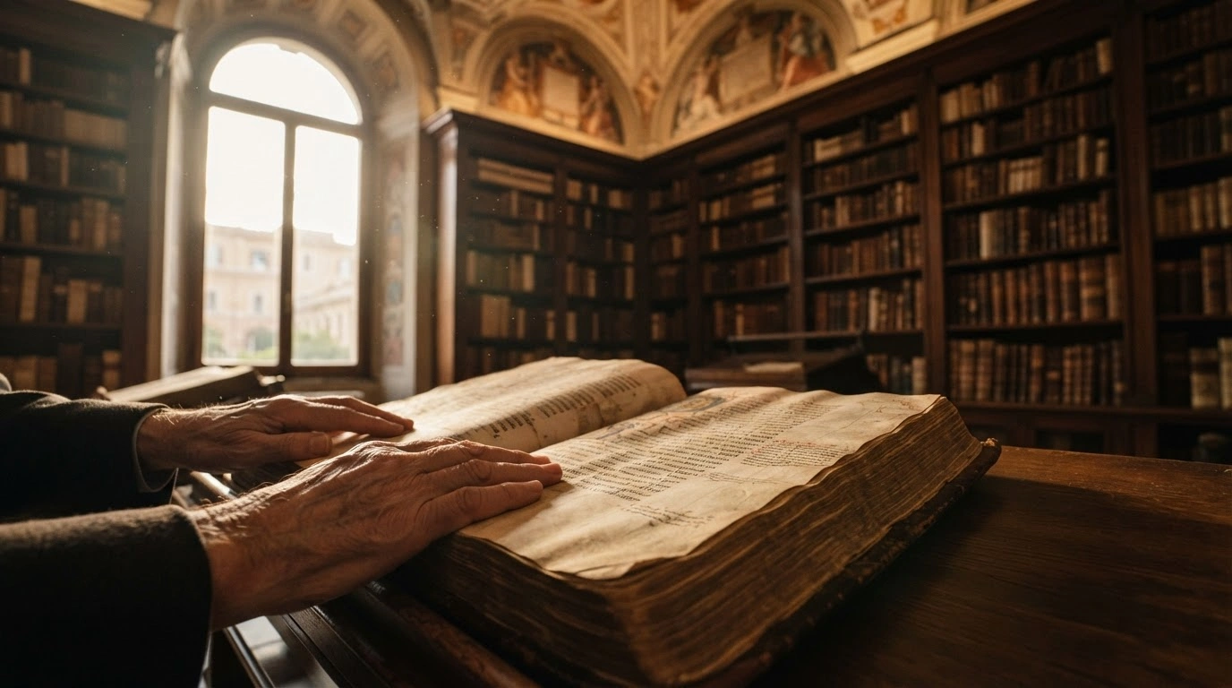 An open manuscript rests on a wooden table inside a sunlit Vatican library, representing the theological guidance provided by the Dicastery for the Doctrine of the Faith.