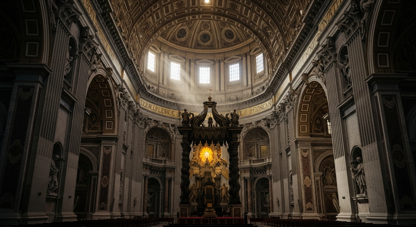 The interior of St. Peter's Basilica is shown with an empty papal throne, illustrating the fact that there is no Pope Leo XIV.