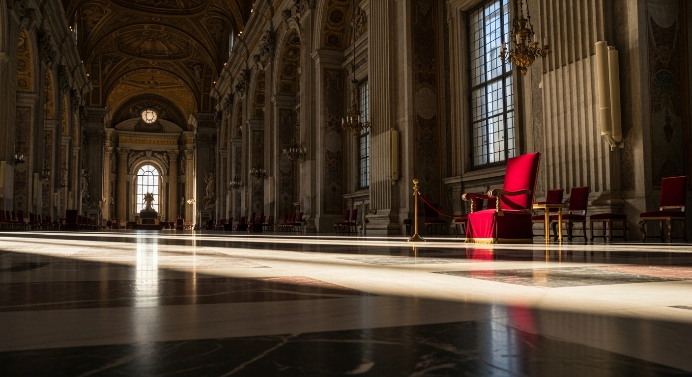 An empty, ornate papal chair sits in the sunlit interior of the Vatican, illustrating that no meeting between French President Emmanuel Macron and a non-existent Pope Leo XIV occurred.