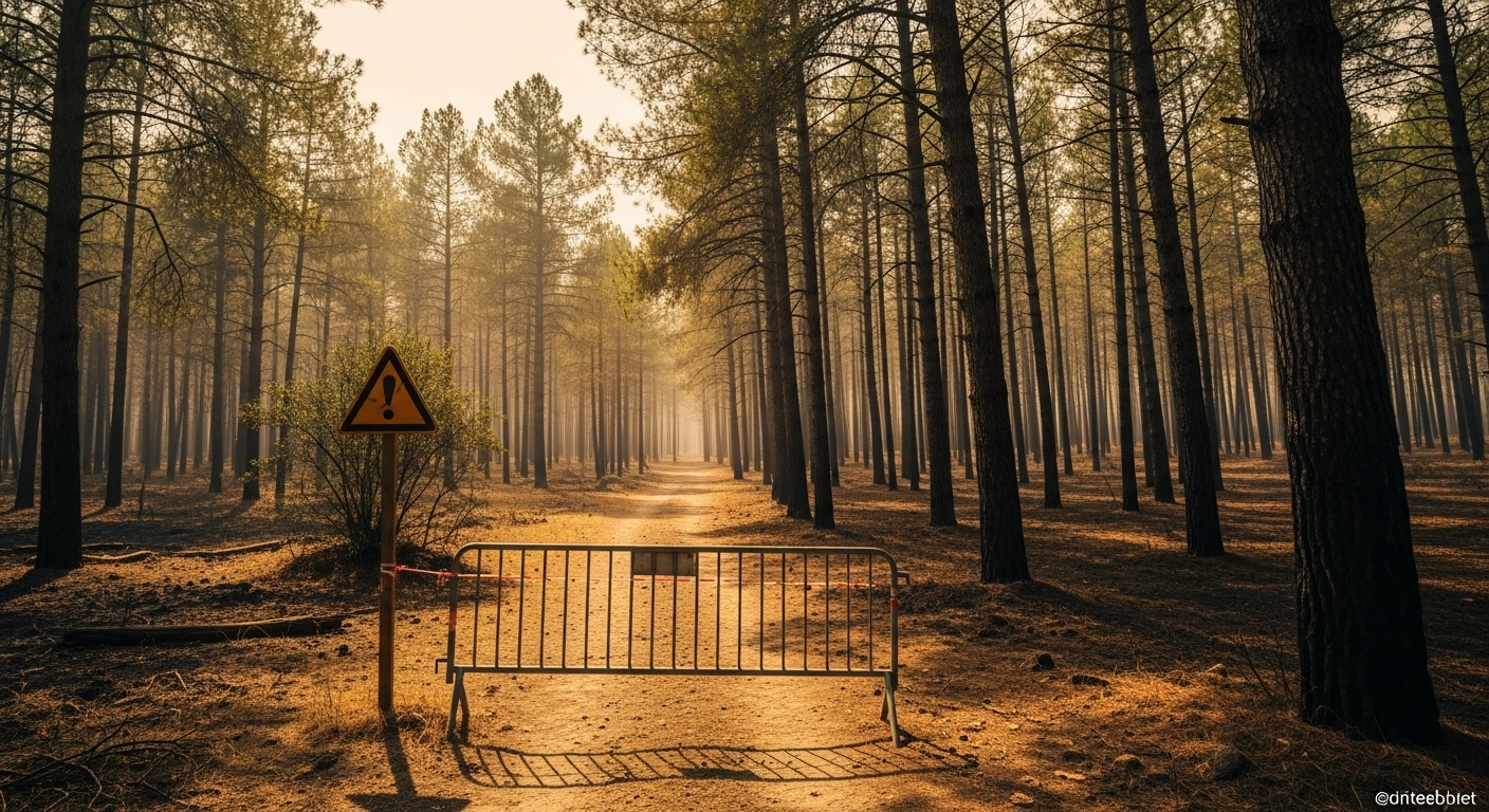 A closed metal gate blocks a dry forest path in the Vaucluse region of France to prevent wildfires during a period of high environmental risk.