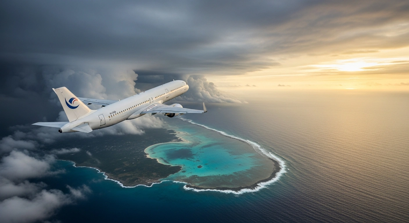 An aerial view depicts a passenger jet flying from a stormy Venezuelan coastline towards a sunlit Cuban horizon, illustrating the rerouting of tourist flights by PEGAS Touristik from Venezuela to Cuba due to security concerns in Venezuelan airspace amidst US-Venezuela tensions.