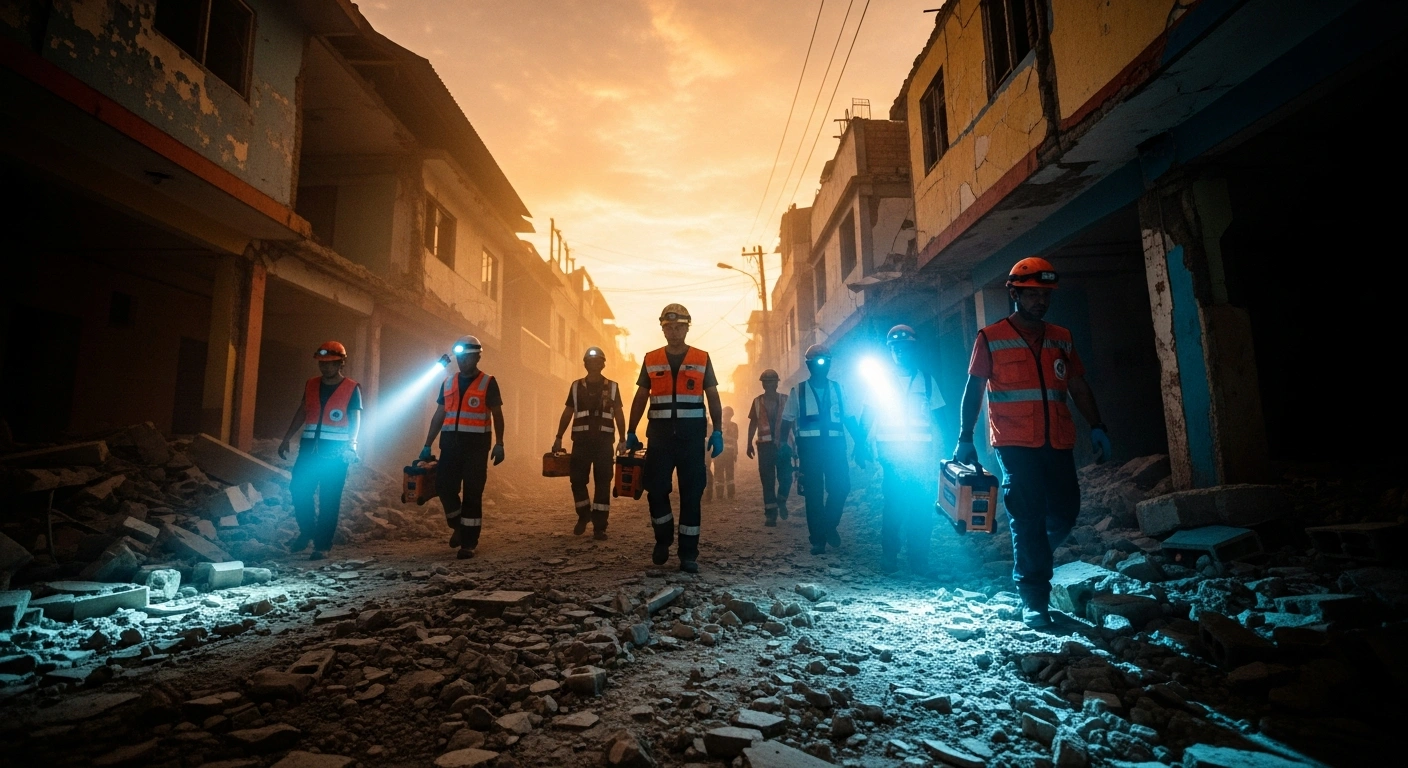United States search and rescue teams navigate through earthquake-damaged rubble in Venezuela to assist in humanitarian recovery efforts.